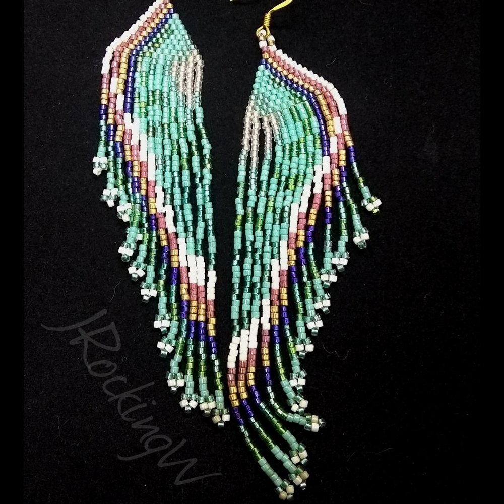 Beaded Peacock Green Feather Shoulder Duster Earrings